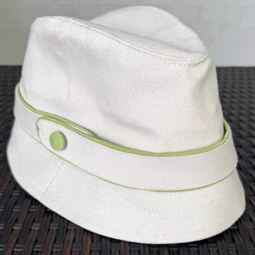 Vintage Style Cream Bucket Hat Forest Green Trim Casual 100% Cotton Tenniscore